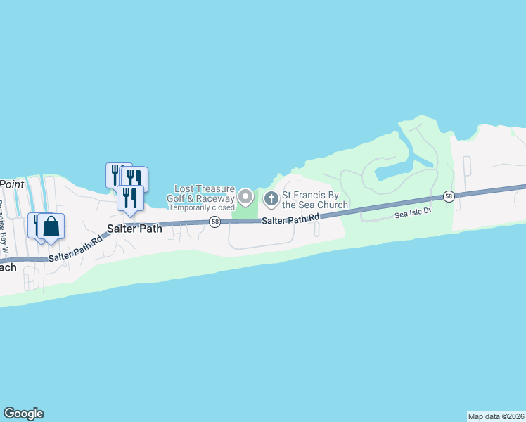 map of restaurants, bars, coffee shops, grocery stores, and more near 930 Salter Path Road in Indian Beach