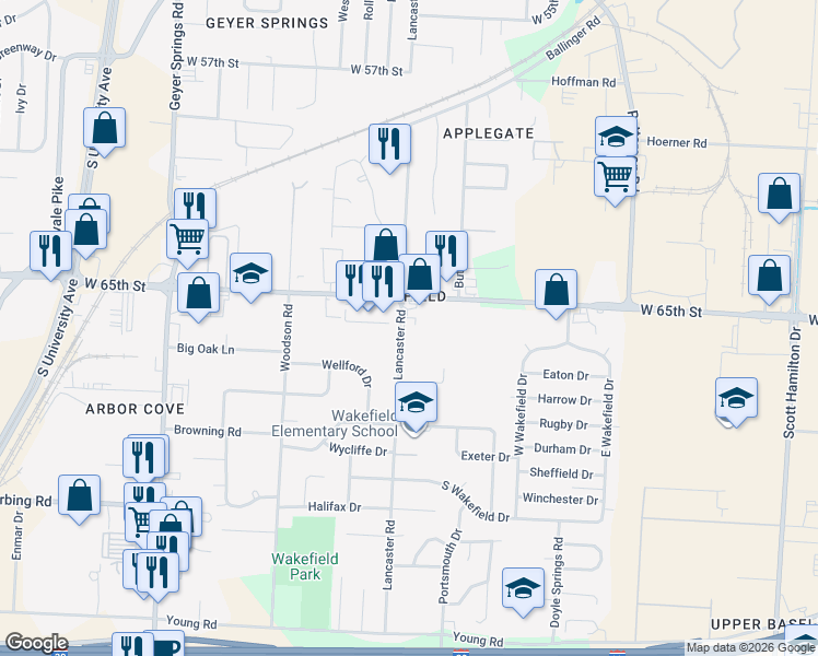map of restaurants, bars, coffee shops, grocery stores, and more near 6521 Lancaster Road in Little Rock