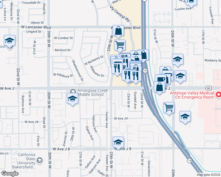 map of restaurants, bars, coffee shops, grocery stores, and more near West Avenue J & 25th Street West in Lancaster