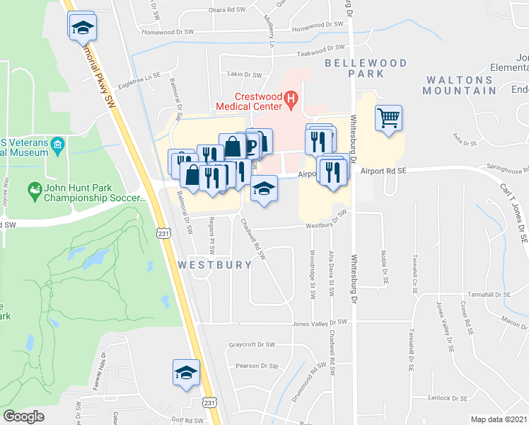 map of restaurants, bars, coffee shops, grocery stores, and more near 625 Airport Road Southwest in Huntsville
