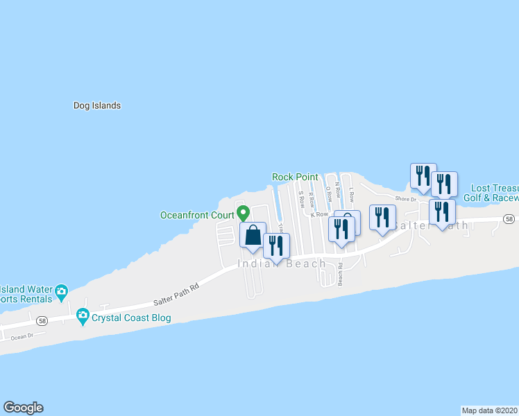map of restaurants, bars, coffee shops, grocery stores, and more near 1550 Salter Path Road in Atlantic Beach