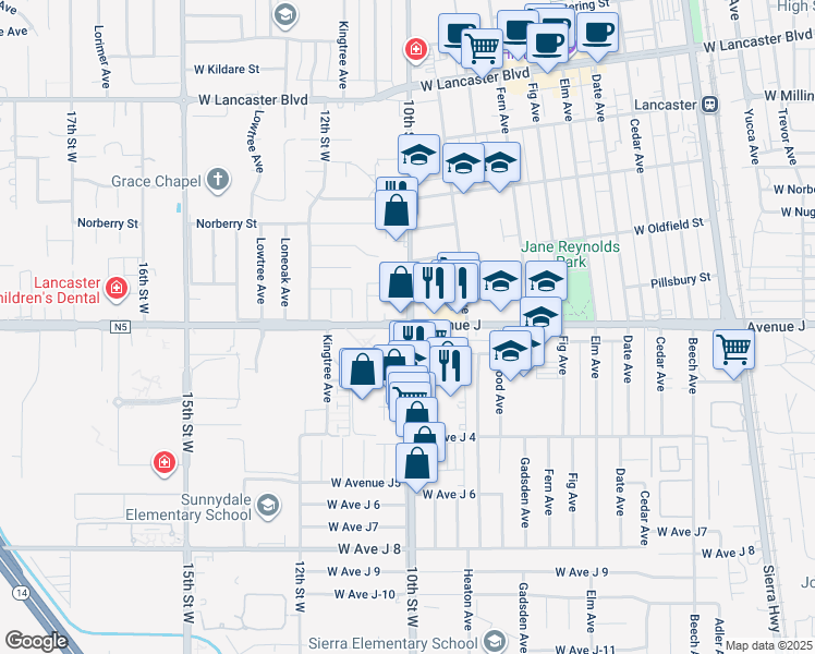 map of restaurants, bars, coffee shops, grocery stores, and more near 10th Street West in Lancaster