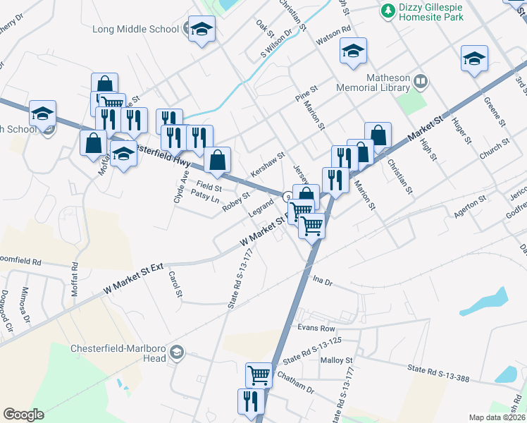 map of restaurants, bars, coffee shops, grocery stores, and more near 111 Legrand in Cheraw