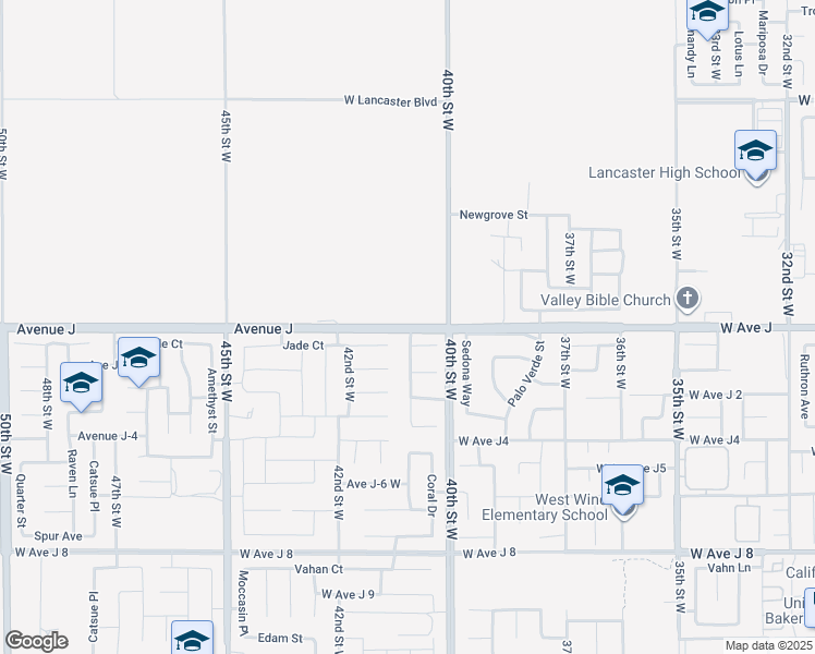 map of restaurants, bars, coffee shops, grocery stores, and more near 4139 West Avenue J in Lancaster