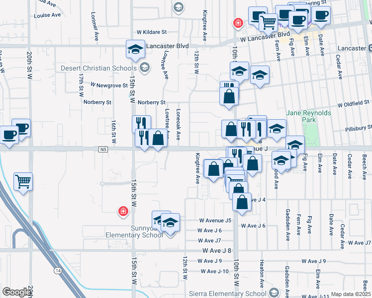 map of restaurants, bars, coffee shops, grocery stores, and more near 1202 West Avenue J in Lancaster