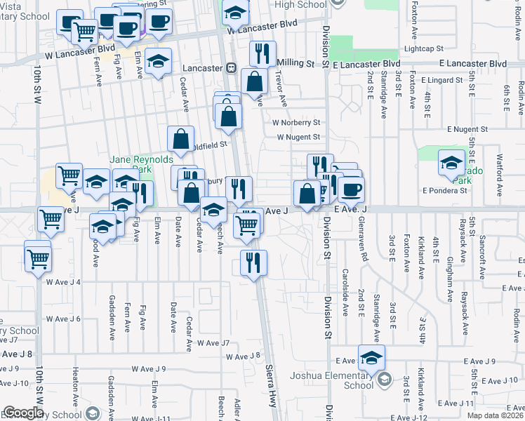 map of restaurants, bars, coffee shops, grocery stores, and more near 412 West Avenue J in Lancaster