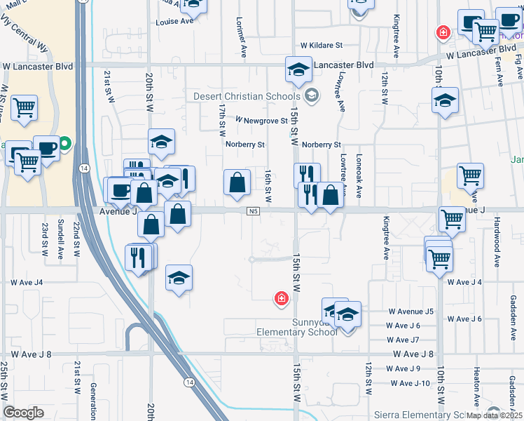 map of restaurants, bars, coffee shops, grocery stores, and more near 1640 Avenue J in Lancaster