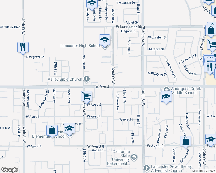 map of restaurants, bars, coffee shops, grocery stores, and more near 3233 West Avenue J in Lancaster