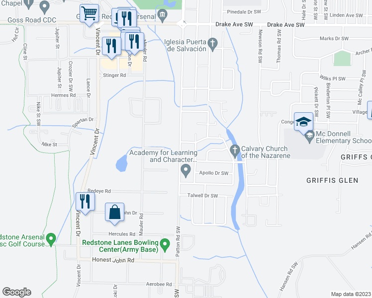 map of restaurants, bars, coffee shops, grocery stores, and more near 4306 Balwin Drive Southwest in Huntsville