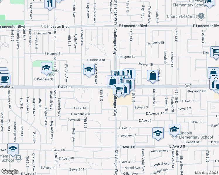 map of restaurants, bars, coffee shops, grocery stores, and more near 832 East Avenue J in Lancaster