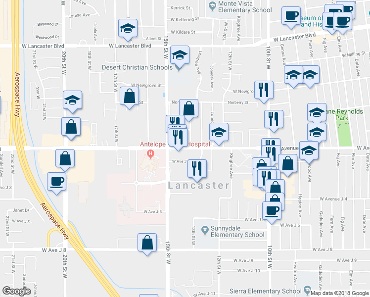 map of restaurants, bars, coffee shops, grocery stores, and more near 1344 West Avenue J in Lancaster
