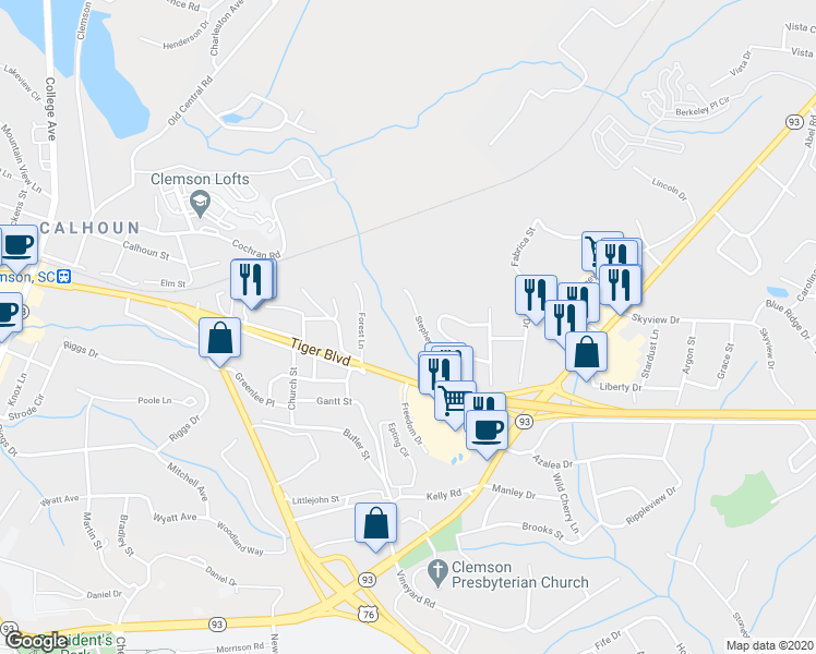 map of restaurants, bars, coffee shops, grocery stores, and more near 212 Stephens Road in Clemson