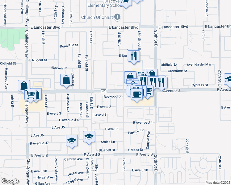 map of restaurants, bars, coffee shops, grocery stores, and more near 1604 East Avenue J in Lancaster