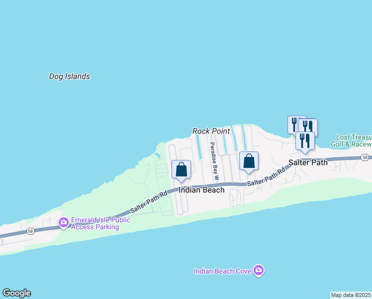 map of restaurants, bars, coffee shops, grocery stores, and more near 1550 Salter Path Road in Indian Beach