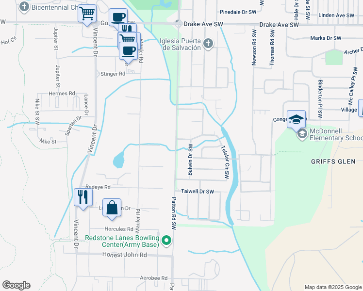 map of restaurants, bars, coffee shops, grocery stores, and more near 4301 Patton Road Southwest in Huntsville