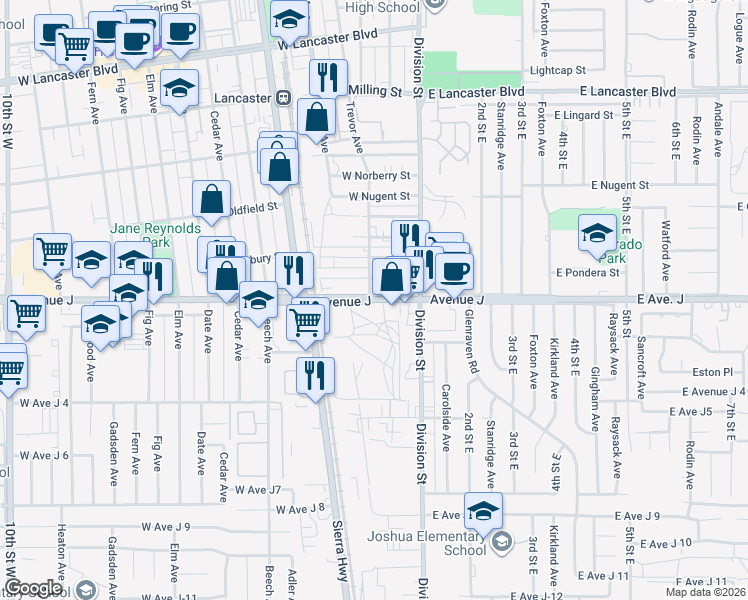 map of restaurants, bars, coffee shops, grocery stores, and more near Avenue J in Lancaster