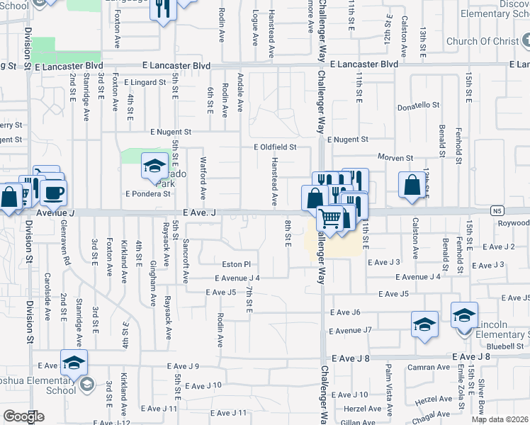 map of restaurants, bars, coffee shops, grocery stores, and more near 811 East Avenue J in Lancaster