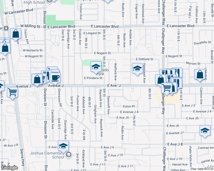 map of restaurants, bars, coffee shops, grocery stores, and more near 514 East Avenue J in Lancaster
