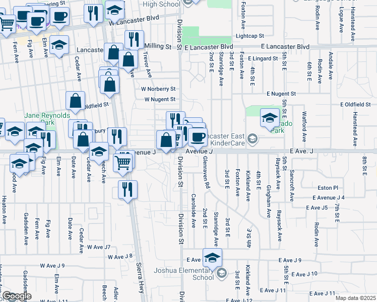 map of restaurants, bars, coffee shops, grocery stores, and more near 110 East Avenue J in Lancaster