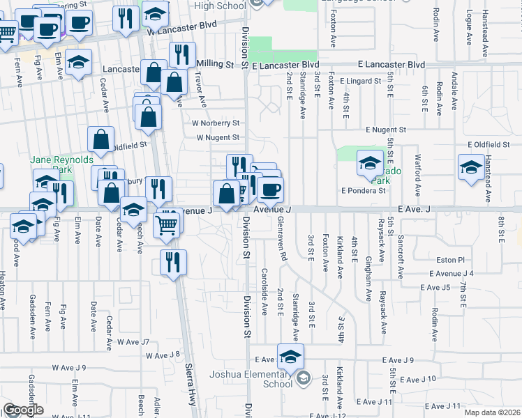 map of restaurants, bars, coffee shops, grocery stores, and more near 2 East Avenue J in Lancaster
