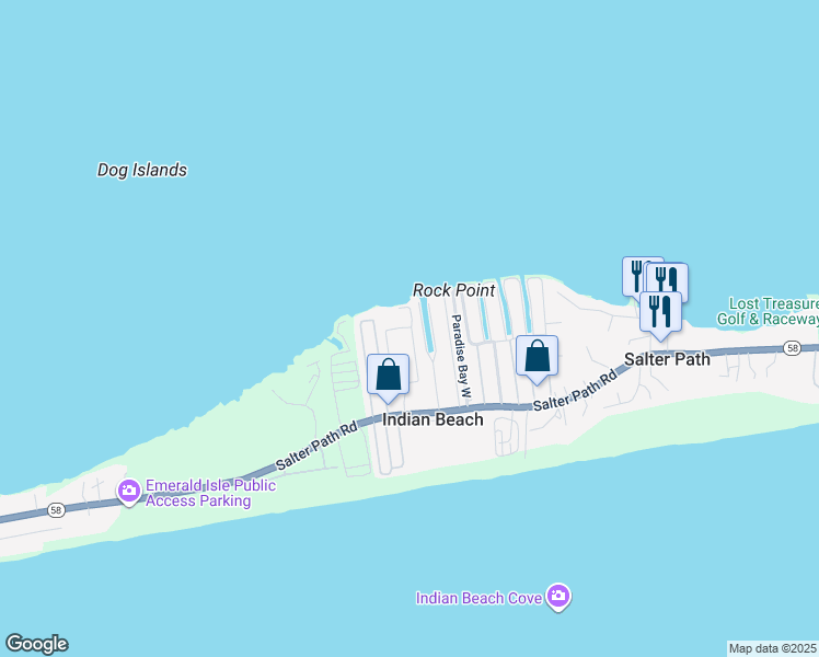 map of restaurants, bars, coffee shops, grocery stores, and more near 1550 Salter Path Road in Indian Beach