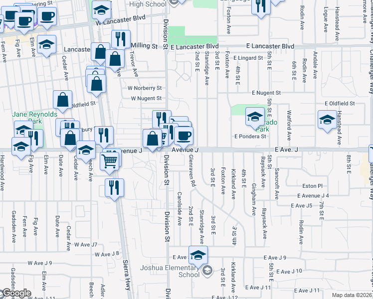 map of restaurants, bars, coffee shops, grocery stores, and more near 140 East Avenue J in Lancaster