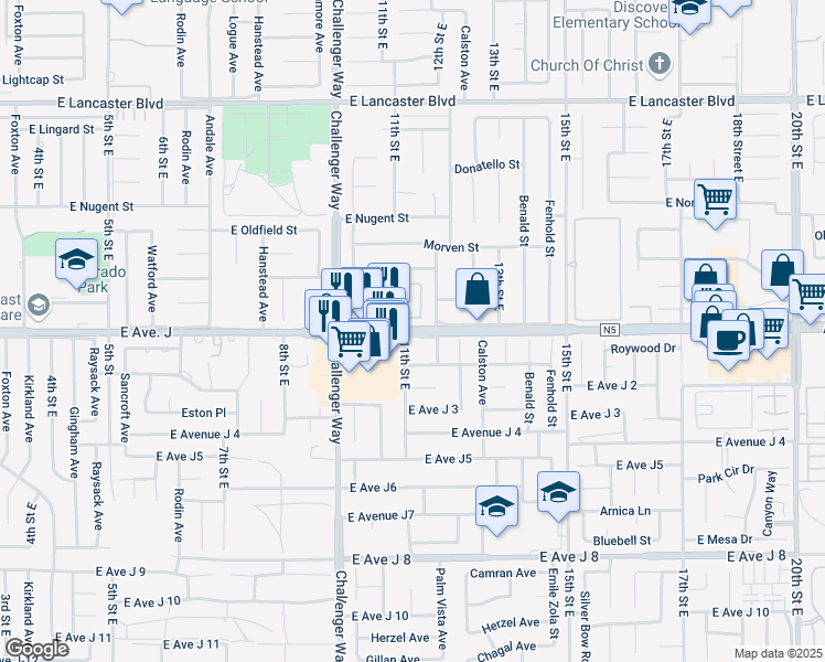 map of restaurants, bars, coffee shops, grocery stores, and more near 1137 East Avenue J in Lancaster