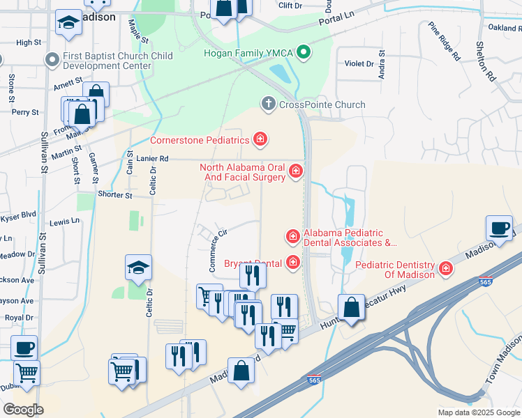 map of restaurants, bars, coffee shops, grocery stores, and more near 451 Lanier Road in Madison
