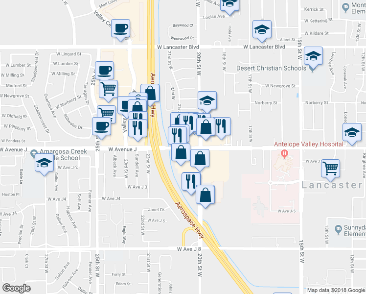 map of restaurants, bars, coffee shops, grocery stores, and more near 2045 West Avenue J in Lancaster