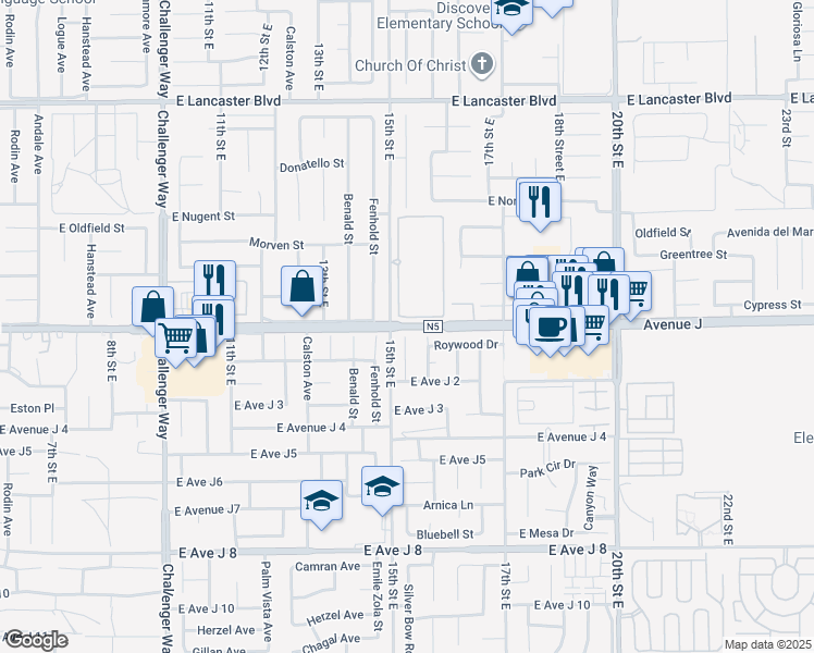map of restaurants, bars, coffee shops, grocery stores, and more near 1534 East Avenue J in Lancaster