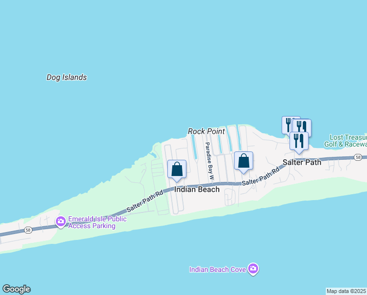 map of restaurants, bars, coffee shops, grocery stores, and more near 1550 Salter Path Road in Indian Beach