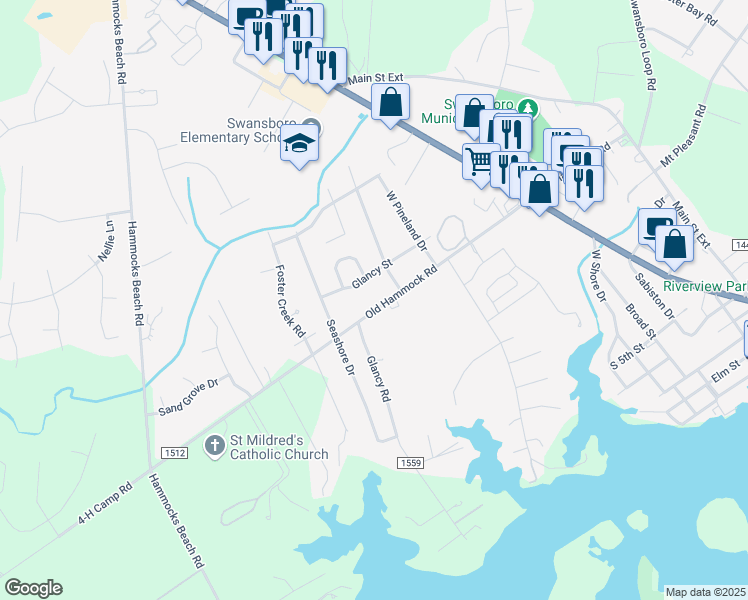 map of restaurants, bars, coffee shops, grocery stores, and more near 408 Old Hammock Road in Swansboro
