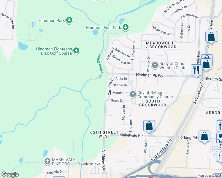 map of restaurants, bars, coffee shops, grocery stores, and more near 7409 Marcia Drive in Little Rock