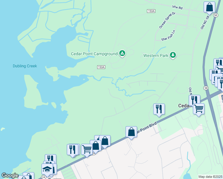 map of restaurants, bars, coffee shops, grocery stores, and more near 128 Sweet Grass Trail in Cedar Point