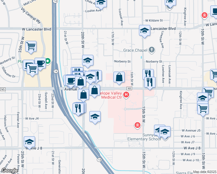 map of restaurants, bars, coffee shops, grocery stores, and more near 1720-1798 West Avenue J in Lancaster