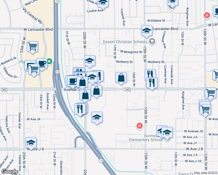 map of restaurants, bars, coffee shops, grocery stores, and more near 1720-1798 West Avenue J in Lancaster