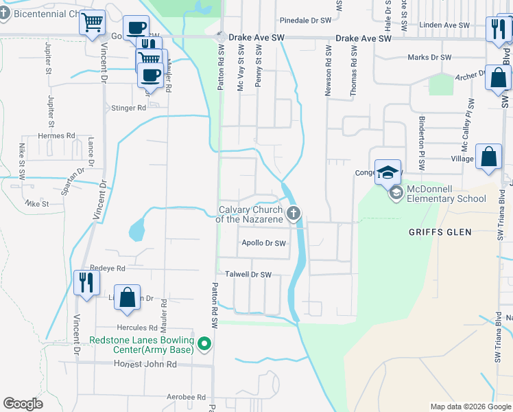 map of restaurants, bars, coffee shops, grocery stores, and more near 4011 Patty Ann Drive Southwest in Huntsville
