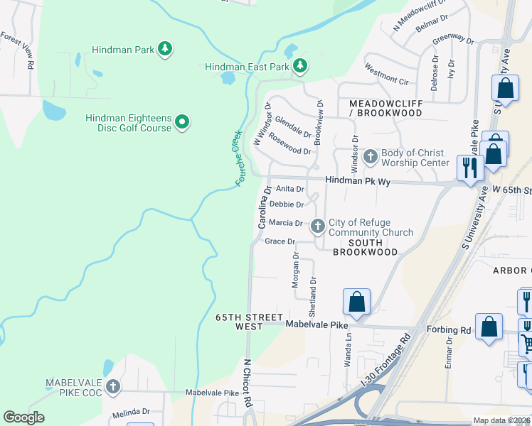 map of restaurants, bars, coffee shops, grocery stores, and more near 7409 Marcia Drive in Little Rock