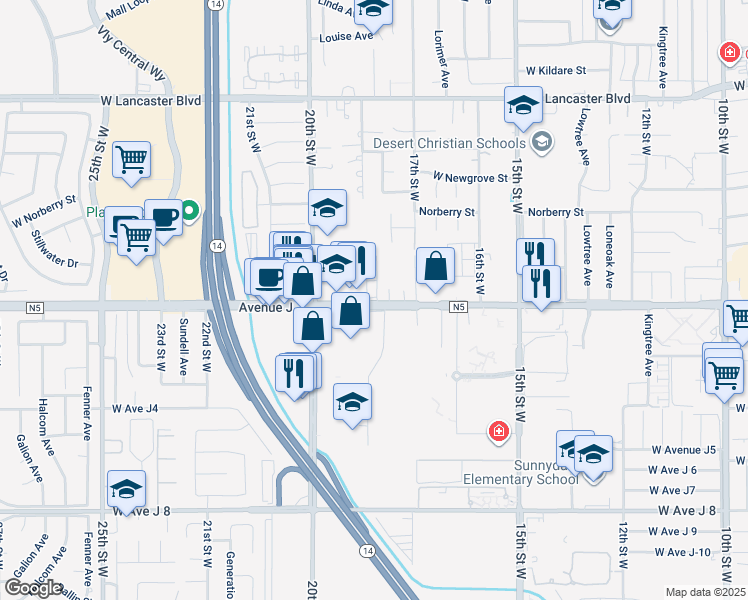 map of restaurants, bars, coffee shops, grocery stores, and more near 1720 West Avenue J in Lancaster