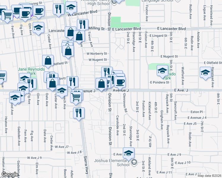 map of restaurants, bars, coffee shops, grocery stores, and more near East Avenue J6 in Lancaster