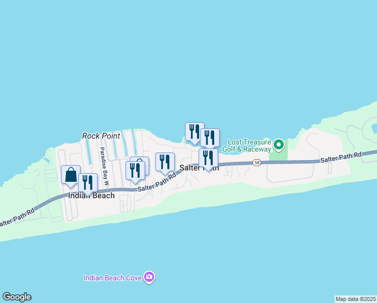 map of restaurants, bars, coffee shops, grocery stores, and more near 163 Shore Drive in Atlantic Beach