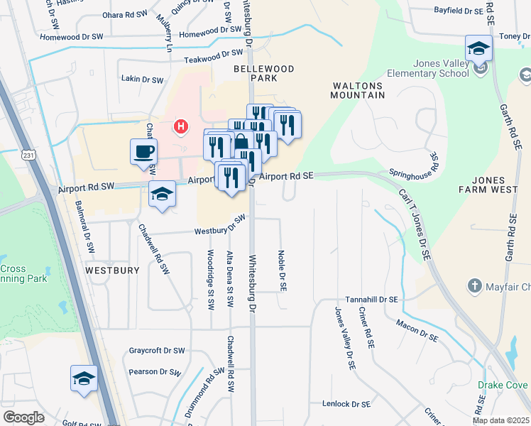 map of restaurants, bars, coffee shops, grocery stores, and more near 100 Noble Drive Southeast in Huntsville