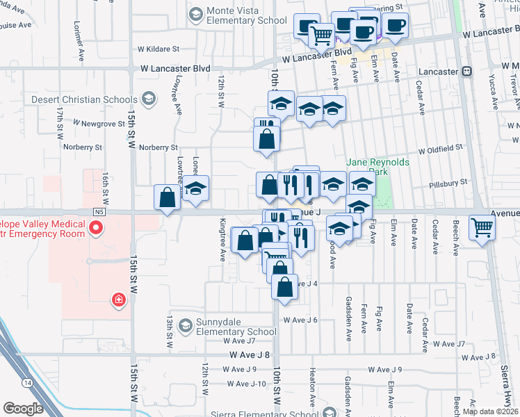map of restaurants, bars, coffee shops, grocery stores, and more near 1008 West Avenue J in Lancaster