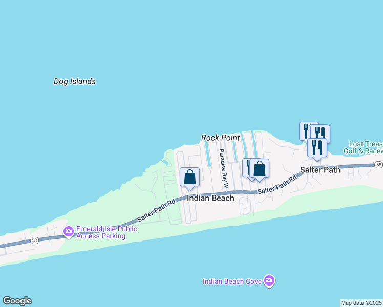 map of restaurants, bars, coffee shops, grocery stores, and more near 1550 Salter Path Road in Indian Beach
