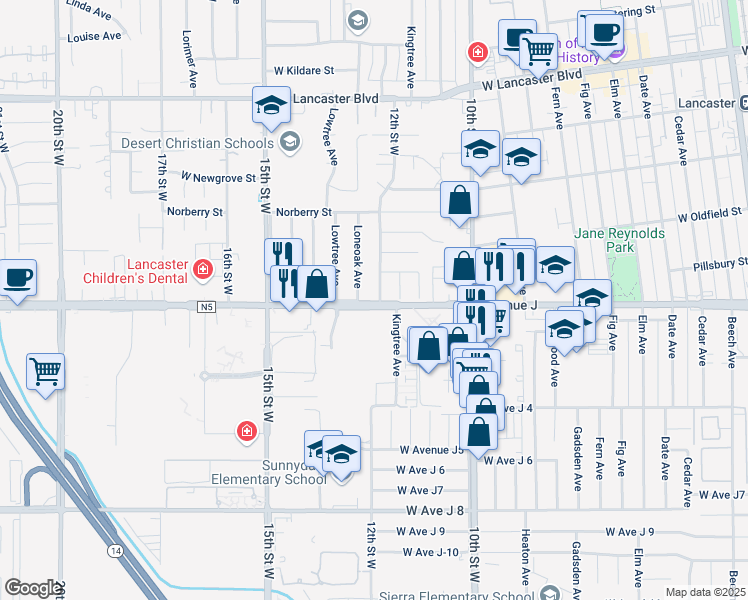 map of restaurants, bars, coffee shops, grocery stores, and more near 44405 12th Street West in Lancaster