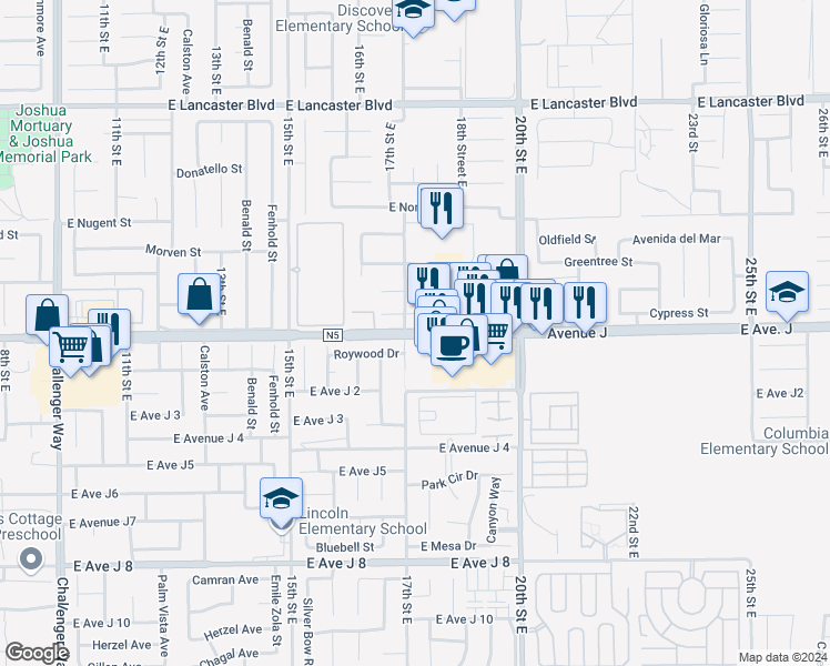 map of restaurants, bars, coffee shops, grocery stores, and more near Avenue J in Lancaster