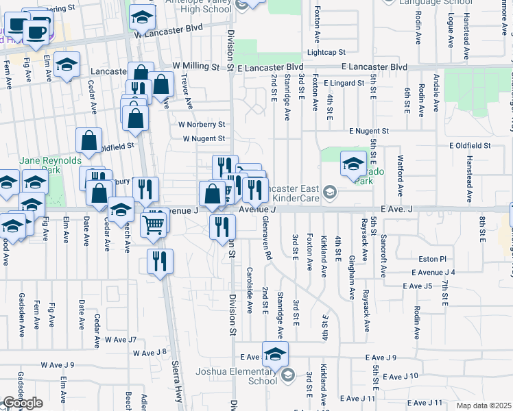 map of restaurants, bars, coffee shops, grocery stores, and more near Avenue J-11 in Lancaster