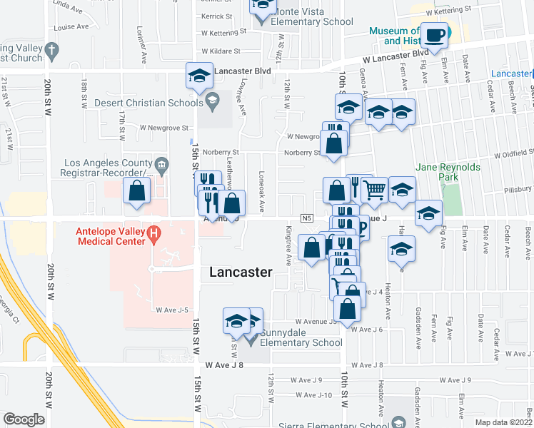 map of restaurants, bars, coffee shops, grocery stores, and more near 44402 Loneoak Avenue in Lancaster