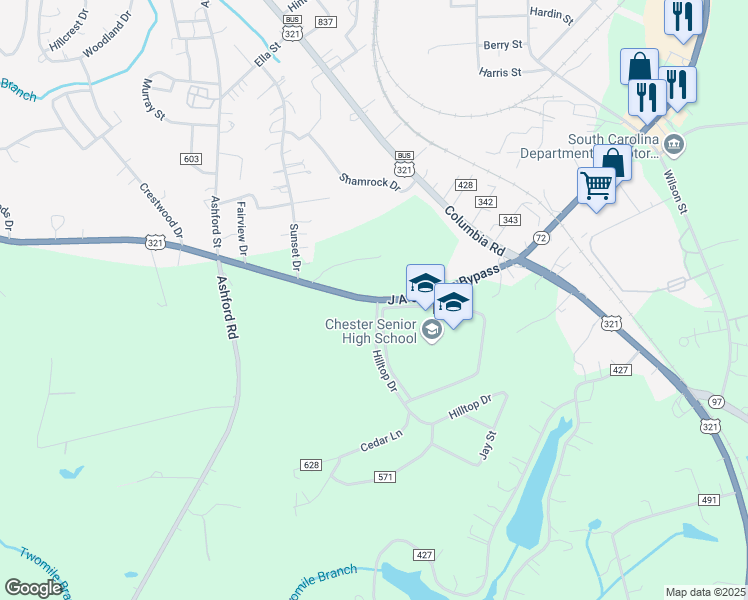map of restaurants, bars, coffee shops, grocery stores, and more near 1330 J A Cochran Bypass in Chester