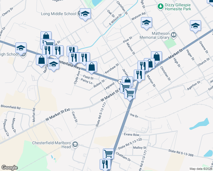 map of restaurants, bars, coffee shops, grocery stores, and more near 111 Legrand Street in Cheraw